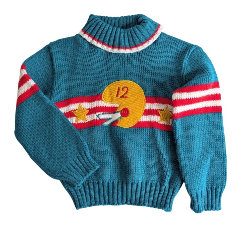 Vintage Baby Football Sweater Teal Yellow 18M Acrylic‎ Turtleneck Helmet Stars